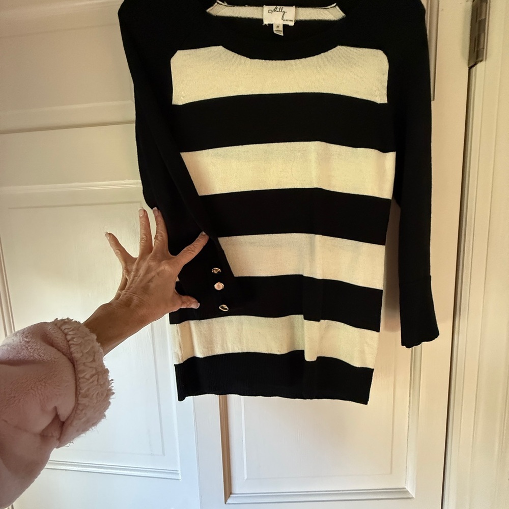 Milly of New York Black and White Striped Crew Neck Sweater